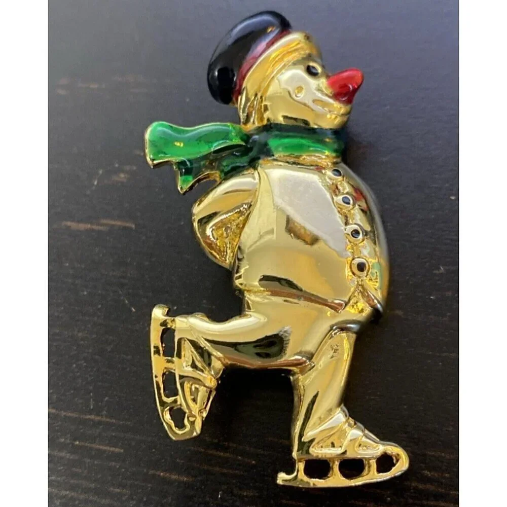 Skating Snowman Brooch Unsigned